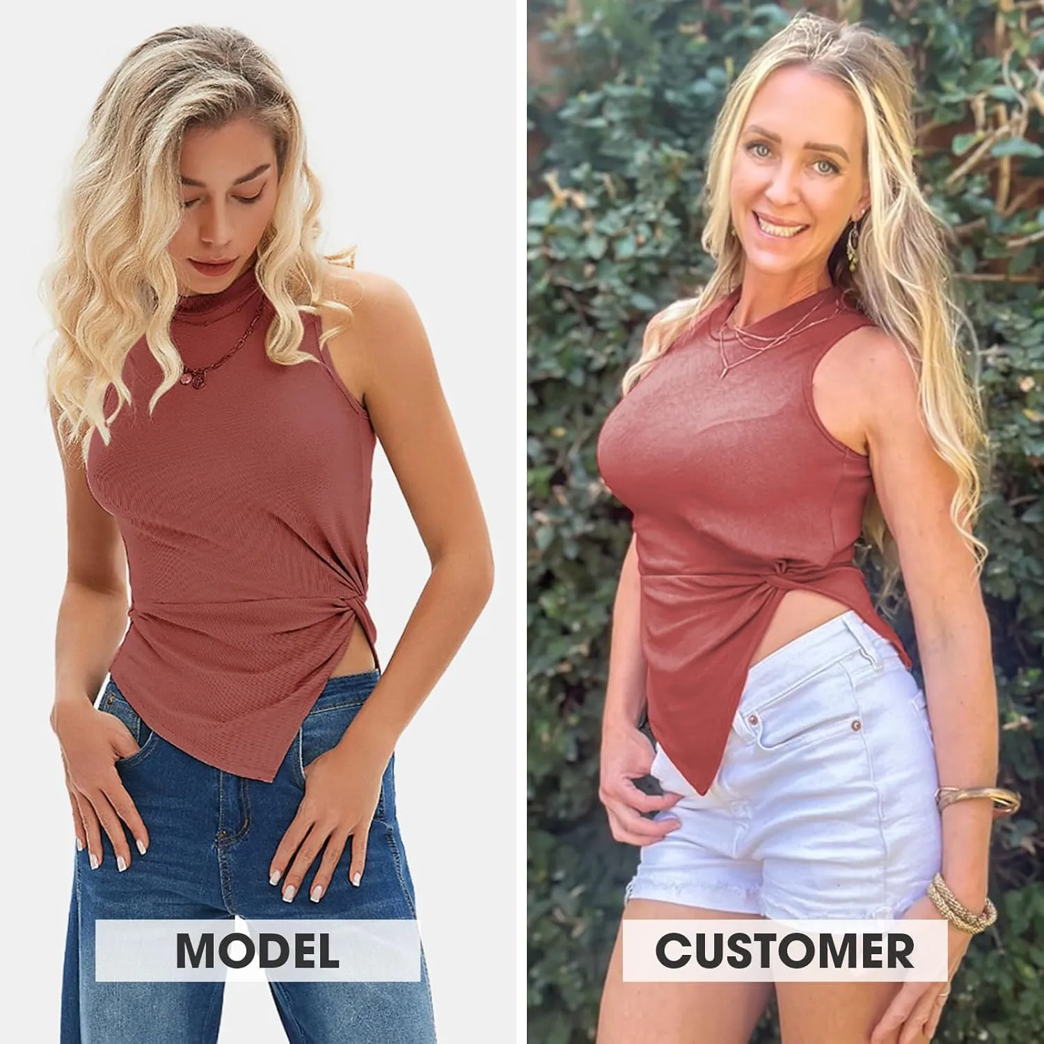 EXLURA Women's Summer Sleeveless High Neck Tank Tops Sexy Twist Knot Asymmetrical Hem Shirts Going Out Top 2025
