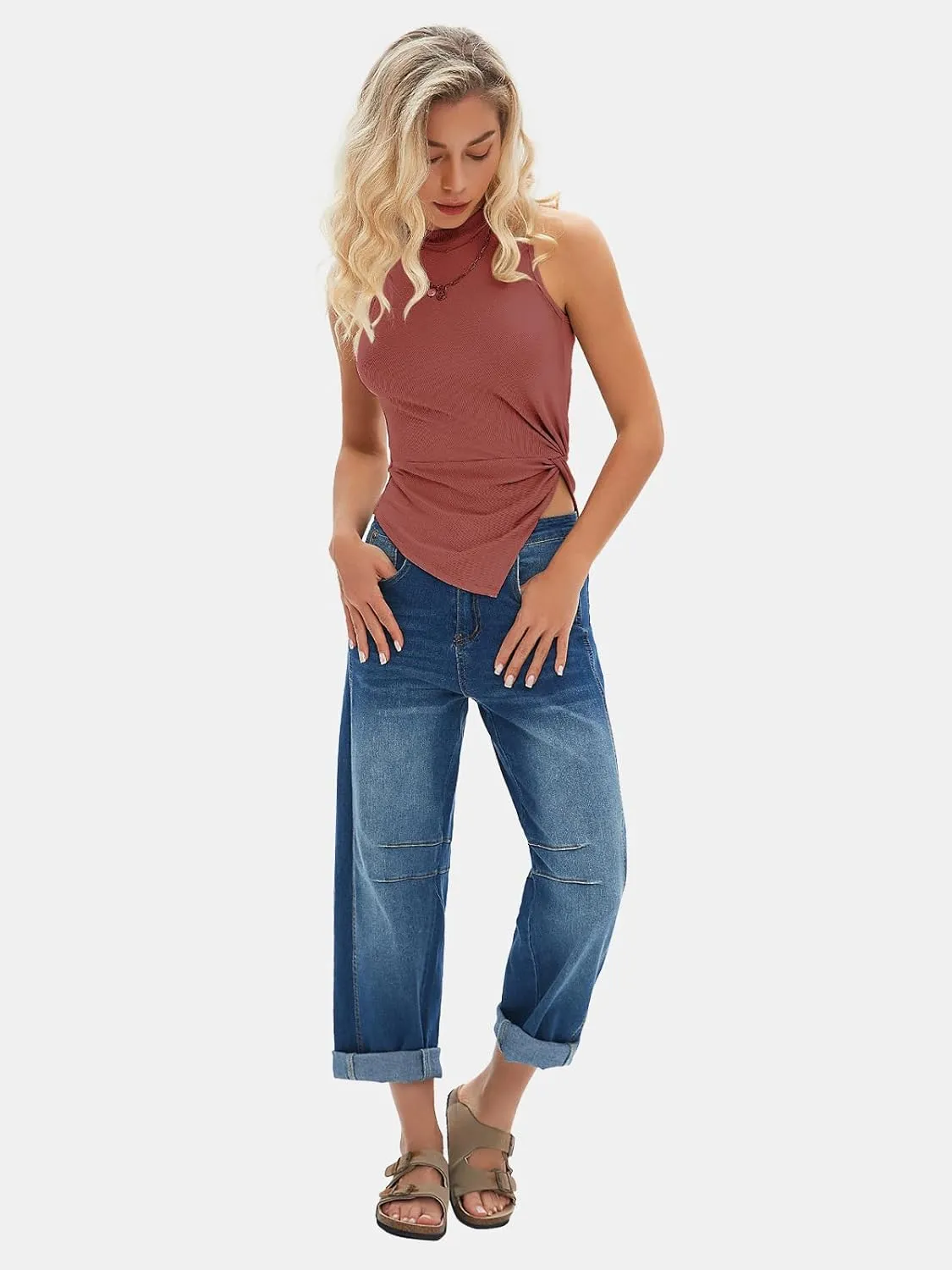 EXLURA Women's Summer Sleeveless High Neck Tank Tops Sexy Twist Knot Asymmetrical Hem Shirts Going Out Top 2025