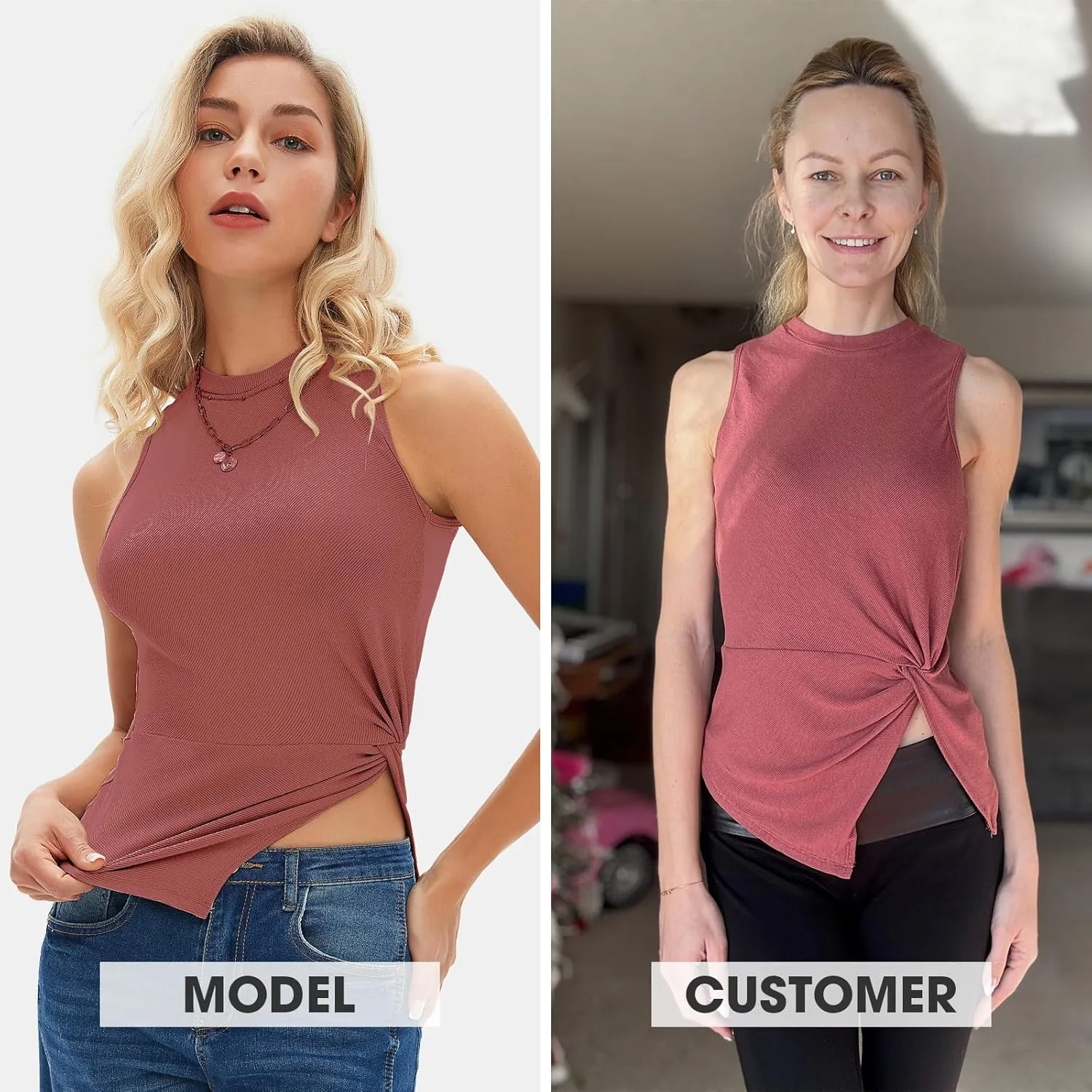 EXLURA Women's Summer Sleeveless High Neck Tank Tops Sexy Twist Knot Asymmetrical Hem Shirts Going Out Top 2025