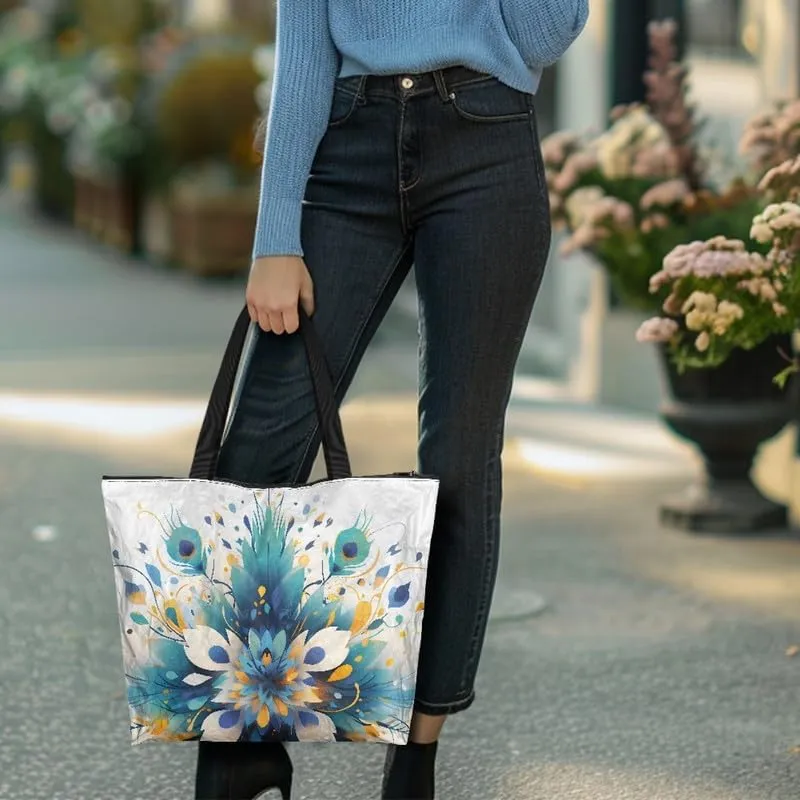 Fall Maple Leaves Women Tote Bag with Pocket, Peacock Feather Lightweight Paper Tote, Polka Dot Commute Work Bag
