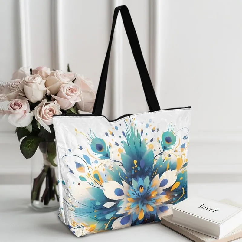 Fall Maple Leaves Women Tote Bag with Pocket, Peacock Feather Lightweight Paper Tote, Polka Dot Commute Work Bag