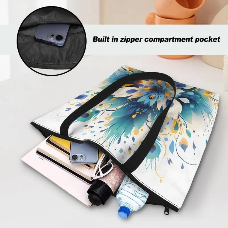 Fall Maple Leaves Women Tote Bag with Pocket, Peacock Feather Lightweight Paper Tote, Polka Dot Commute Work Bag