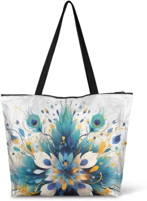 Fall Maple Leaves Women Tote Bag with Pocket, Peacock Feather Lightweight Paper Tote, Polka Dot Commute Work Bag