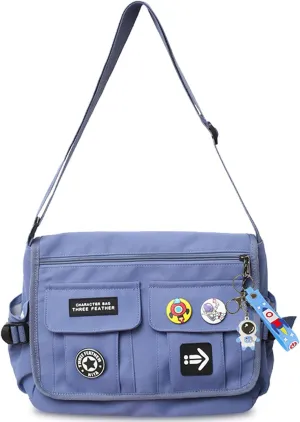 Fashion Crossbody Bag with Cute Accessories Nylon Casual Messenger Bag with Pendant Lightweight Handbag Travel Daypacks (Blue)