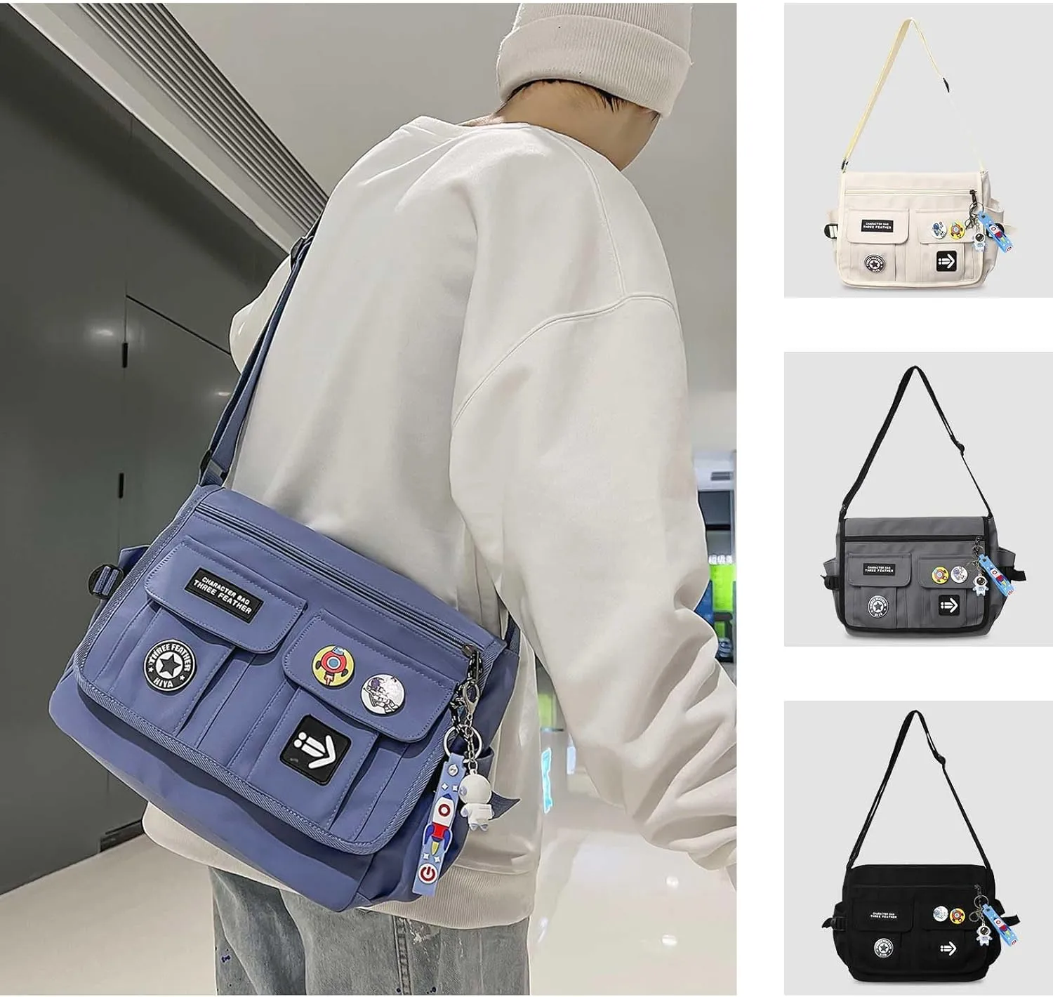 Fashion Crossbody Bag with Cute Accessories Nylon Casual Messenger Bag with Pendant Lightweight Handbag Travel Daypacks (Blue)