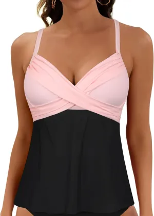 Firpearl Women's Underwire Tankini Top Only Twist V Neck Swimsuits for Big Busted Loose Fit Bathing Suit Tops