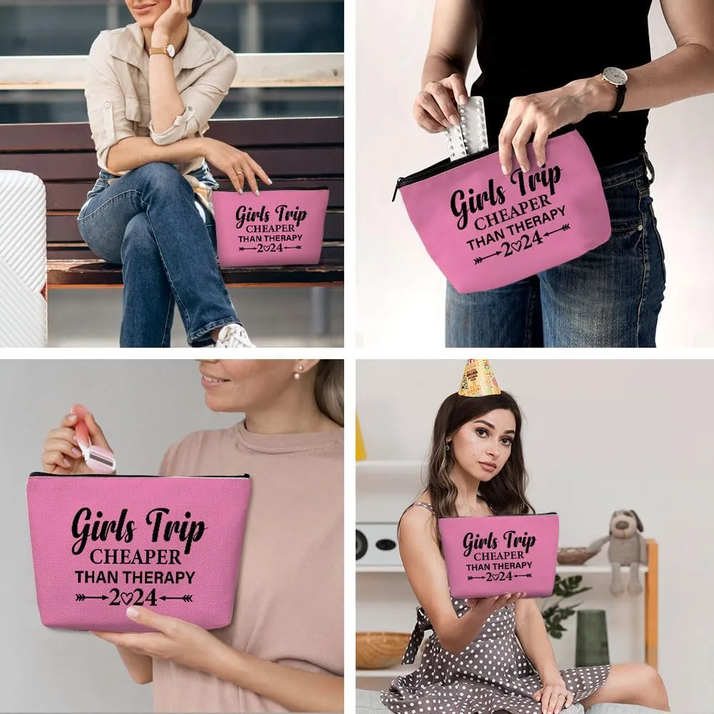 Funny Girls Trip 2024 Makeup Bag, Bestie Gifts Best Friend Cosmetic Bag for Women Bridesmaid Bride Sister Girls Trip Favors Weekender Birthday Christmas Bachelorette Party Friendship Gifts Pink