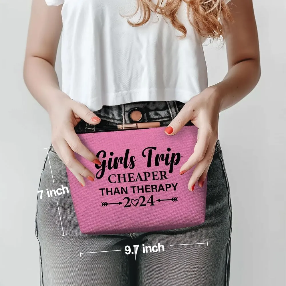 Funny Girls Trip 2024 Makeup Bag, Bestie Gifts Best Friend Cosmetic Bag for Women Bridesmaid Bride Sister Girls Trip Favors Weekender Birthday Christmas Bachelorette Party Friendship Gifts Pink