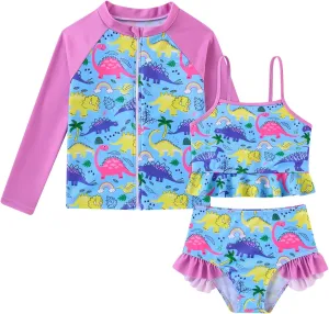 Funnycokid Girls Swimsuit Kids Bathing Suit Rashguard Swimwear Long Sleeve 3 Piece Toddler 3-7 Years