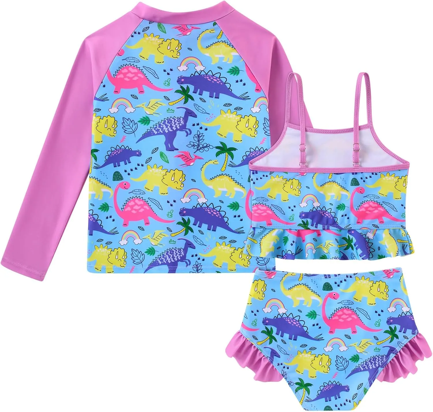 Funnycokid Girls Swimsuit Kids Bathing Suit Rashguard Swimwear Long Sleeve 3 Piece Toddler 3-7 Years