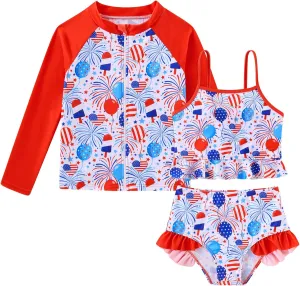 Funnycokid Girls Swimsuit Kids Bathing Suit Rashguard Swimwear Long Sleeve 3 Piece Toddler 3-7 Years