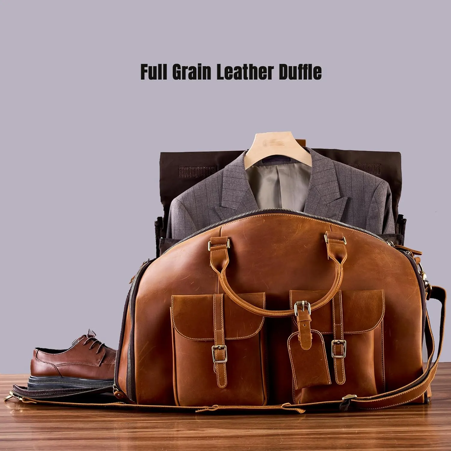 Genuine Leather Convertible Garment Bag with Shoes Compartment Customized Full Grain Leather Carry on Duffle Bag Garment for Men Women Weekender Hanging Business Suitcase for Travel Suit VintageBrown