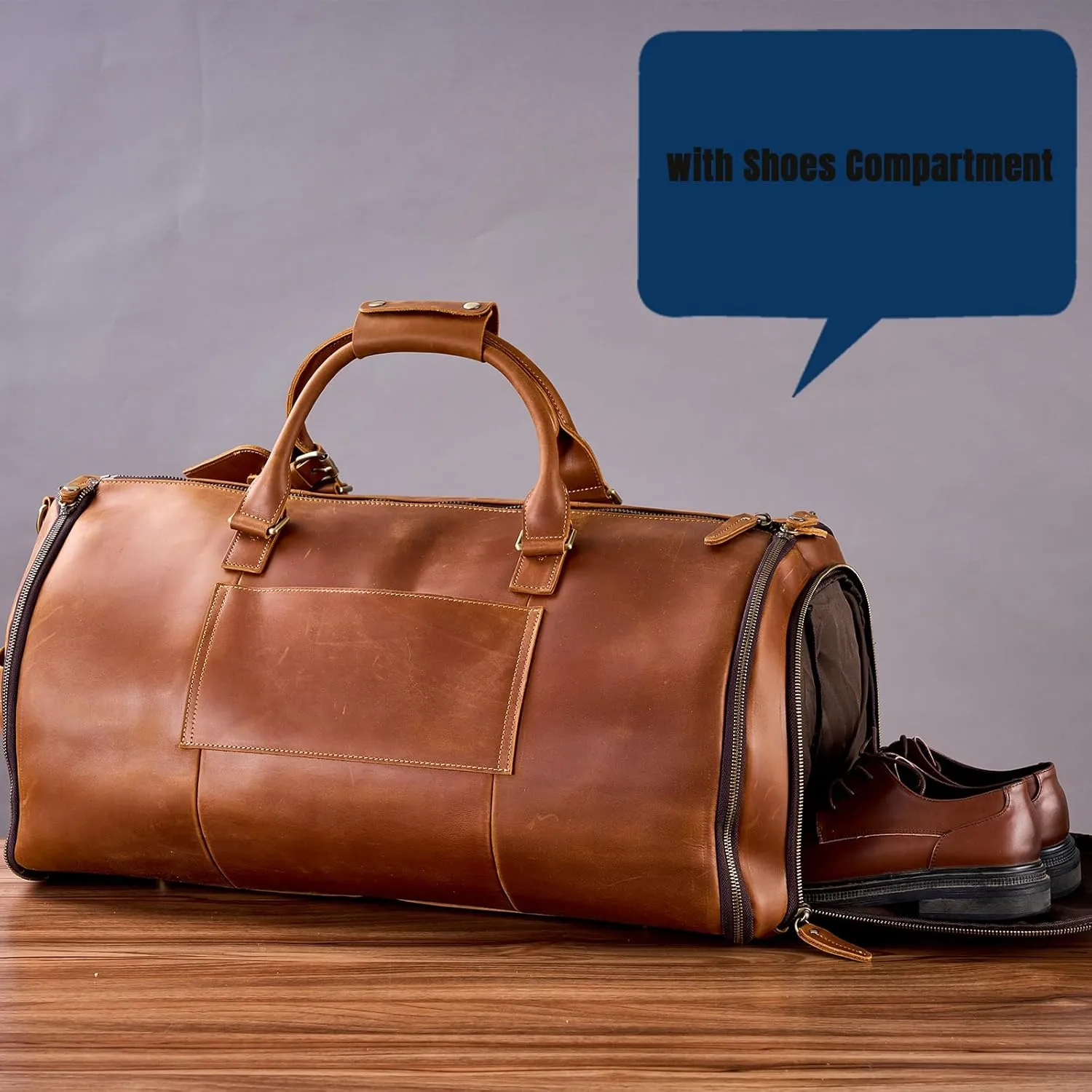 Genuine Leather Convertible Garment Bag with Shoes Compartment Customized Full Grain Leather Carry on Duffle Bag Garment for Men Women Weekender Hanging Business Suitcase for Travel Suit VintageBrown