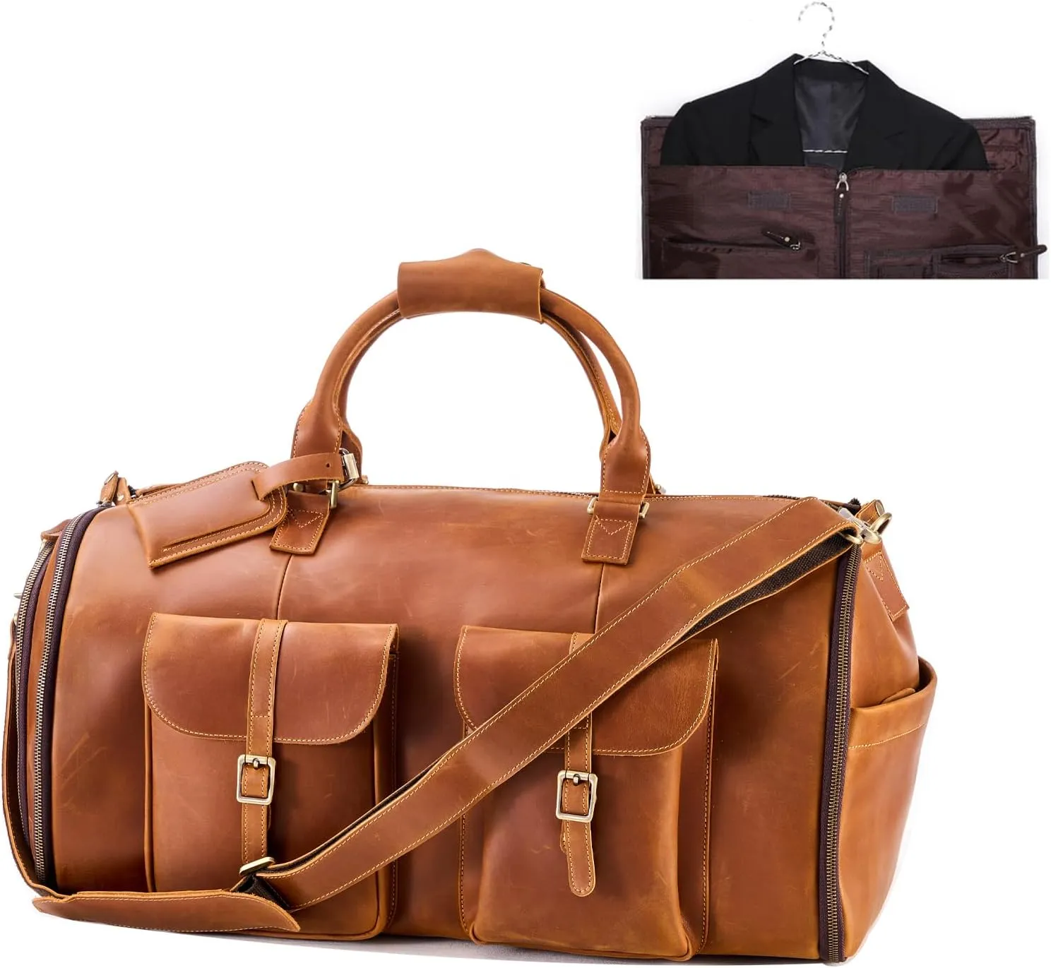 Genuine Leather Convertible Garment Bag with Shoes Compartment Customized Full Grain Leather Carry on Duffle Bag Garment for Men Women Weekender Hanging Business Suitcase for Travel Suit VintageBrown