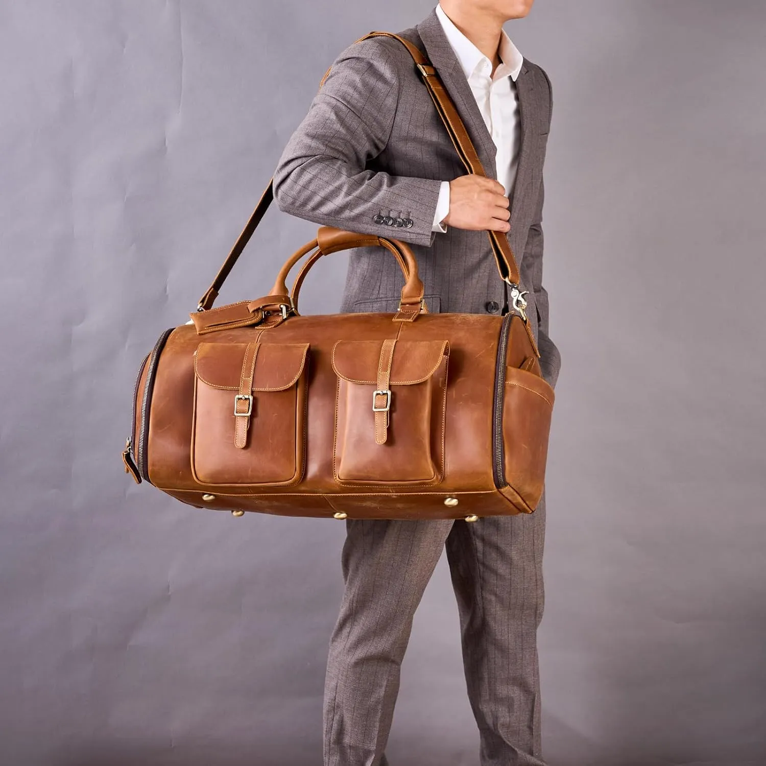 Genuine Leather Convertible Garment Bag with Shoes Compartment Customized Full Grain Leather Carry on Duffle Bag Garment for Men Women Weekender Hanging Business Suitcase for Travel Suit VintageBrown
