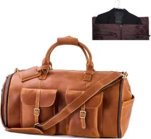 Genuine Leather Convertible Garment Bag with Shoes Compartment Customized Full Grain Leather Carry on Duffle Bag Garment for Men Women Weekender Hanging Business Suitcase for Travel Suit VintageBrown