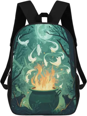 Ghost In Witch Pot Print 17 Inch Shoulder Backpack Fashion Laptop Bag Travel Daypack for Camping Hiking