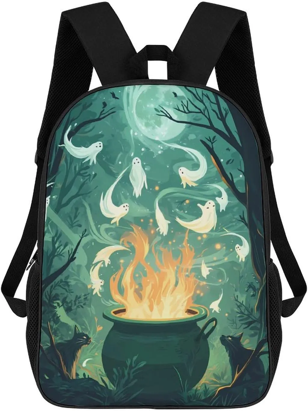 Ghost In Witch Pot Print 17 Inch Shoulder Backpack Fashion Laptop Bag Travel Daypack for Camping Hiking