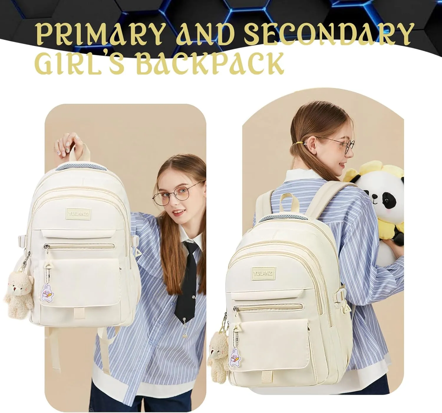 Girls Backpack for College High Middle School Student, Cute Aesthetic Bookbag for Teens Women with Accessories,Beige