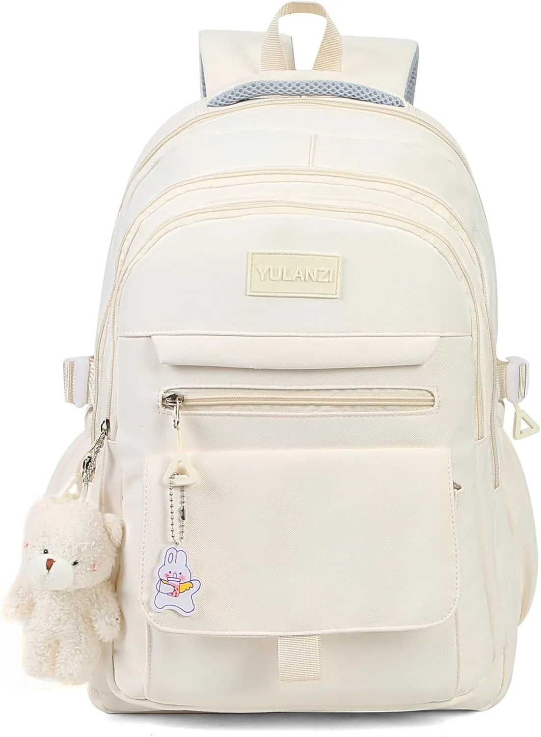 Girls Backpack for College High Middle School Student, Cute Aesthetic Bookbag for Teens Women with Accessories,Beige