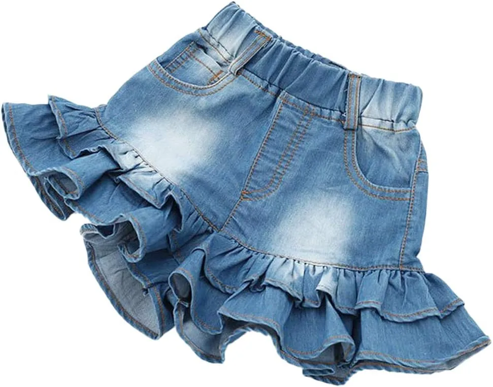 Girls Denim Shorts 2 Layers Ruffles Lace Kids Baby Workout Fashion Skirt Shorts Summer Beach Sports Short Pants
