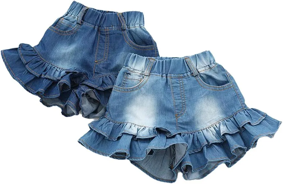 Girls Denim Shorts 2 Layers Ruffles Lace Kids Baby Workout Fashion Skirt Shorts Summer Beach Sports Short Pants