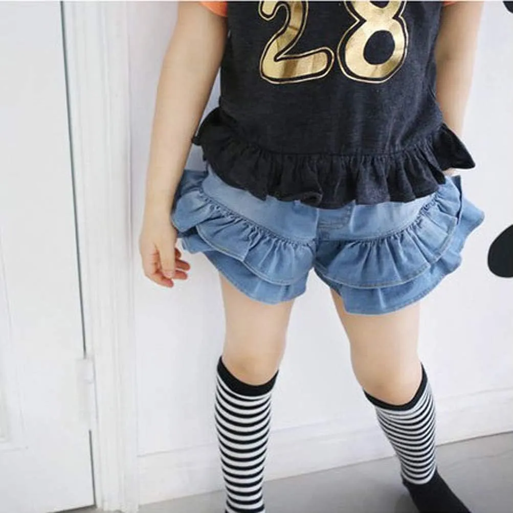 Girls Denim Shorts 2 Layers Ruffles Lace Kids Baby Workout Fashion Skirt Shorts Summer Beach Sports Short Pants