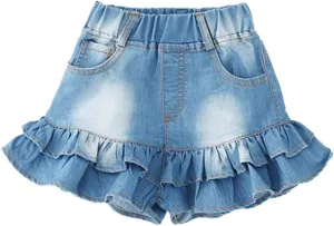 Girls Denim Shorts 2 Layers Ruffles Lace Kids Baby Workout Fashion Skirt Shorts Summer Beach Sports Short Pants