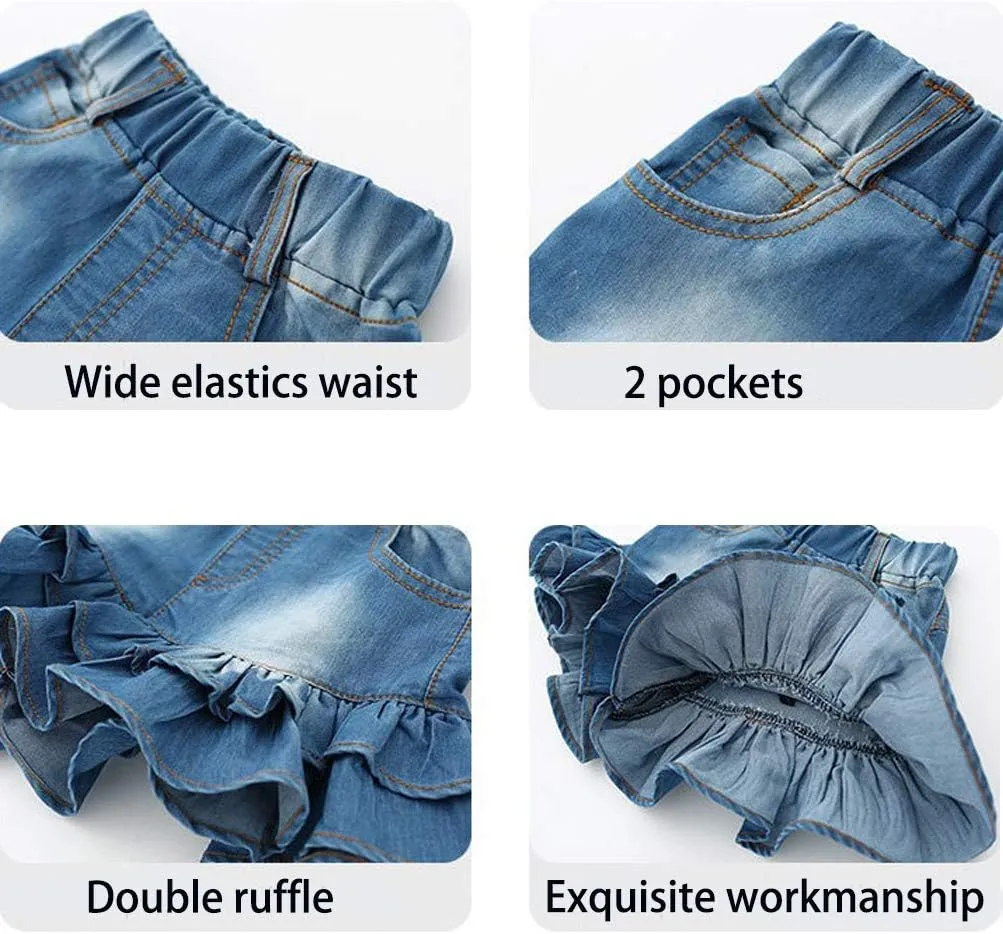 Girls Denim Shorts 2 Layers Ruffles Lace Kids Baby Workout Fashion Skirt Shorts Summer Beach Sports Short Pants
