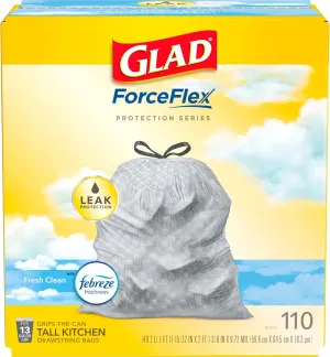 Glad ForceFlex Tall Kitchen Drawstring Trash Bags, 13 Gal, Fresh Clean, 110 Ct, Pack May Vary