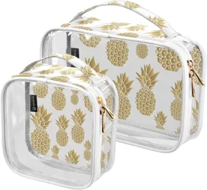 Gold Pineapple 2 Pieces Clear Makeup Cosmetic Toiletry Bags for Women PVC Waterproof Portable Travel Storage Carry Pouch with Gold Zippers Travel Organizer for Vacation Organizing Traveling Bathroom