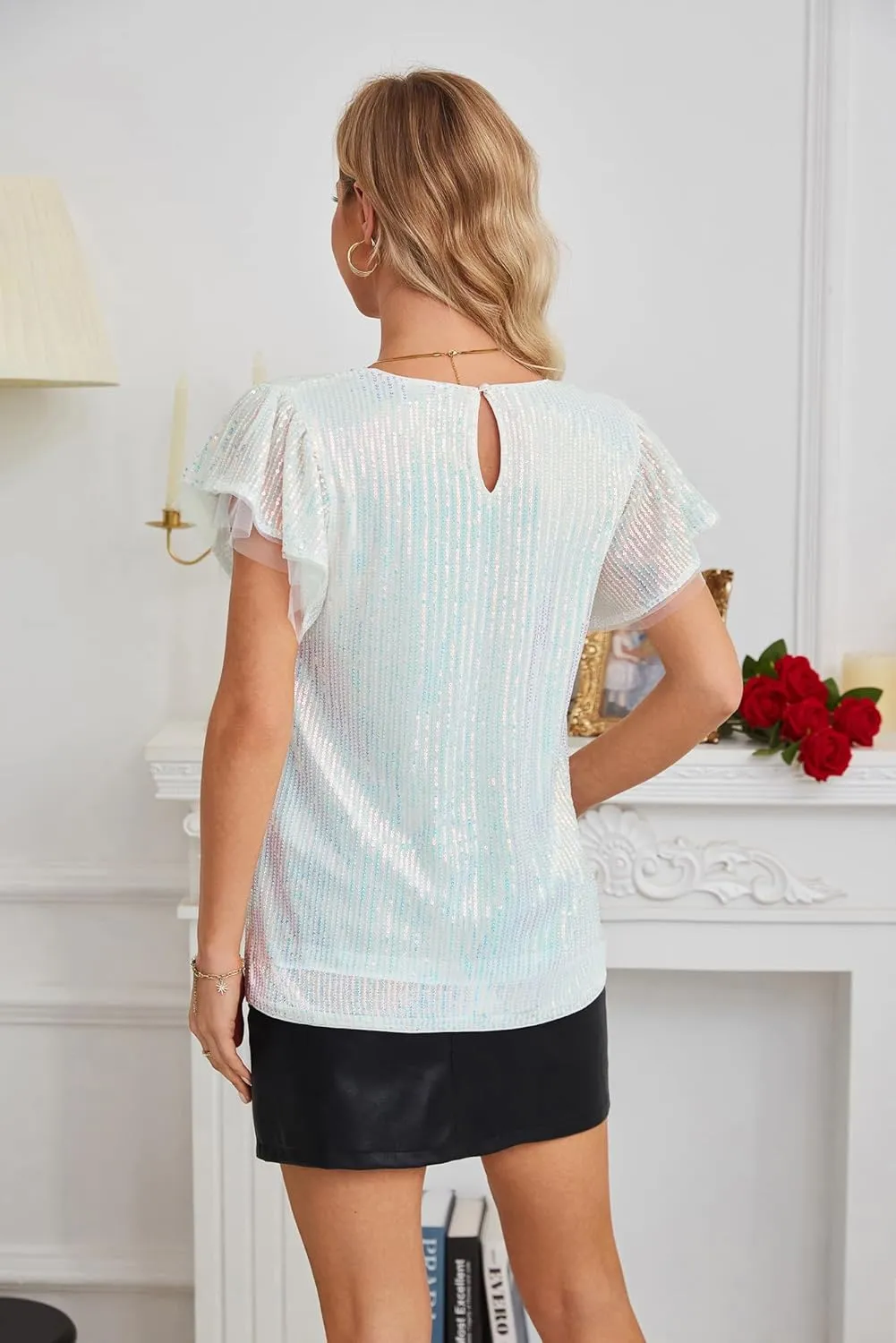 GRACE KARIN Women's Sparkly Sequin Tops Short Sleeve Glitter Dressy Blouses Round Neck Club Ruffle Party Tops