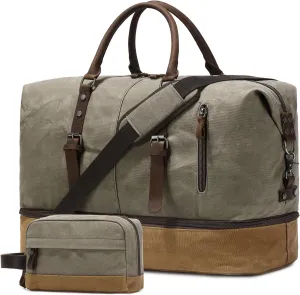 Green Waxed Canvas & Leather Duffel Bag, 20.8 x 9.8 x 14.9 inches, 45L, Separate Shoes Compartment, Wet Pocket, Zipper Closure, Web Handle, Perfect for Weekend Trips