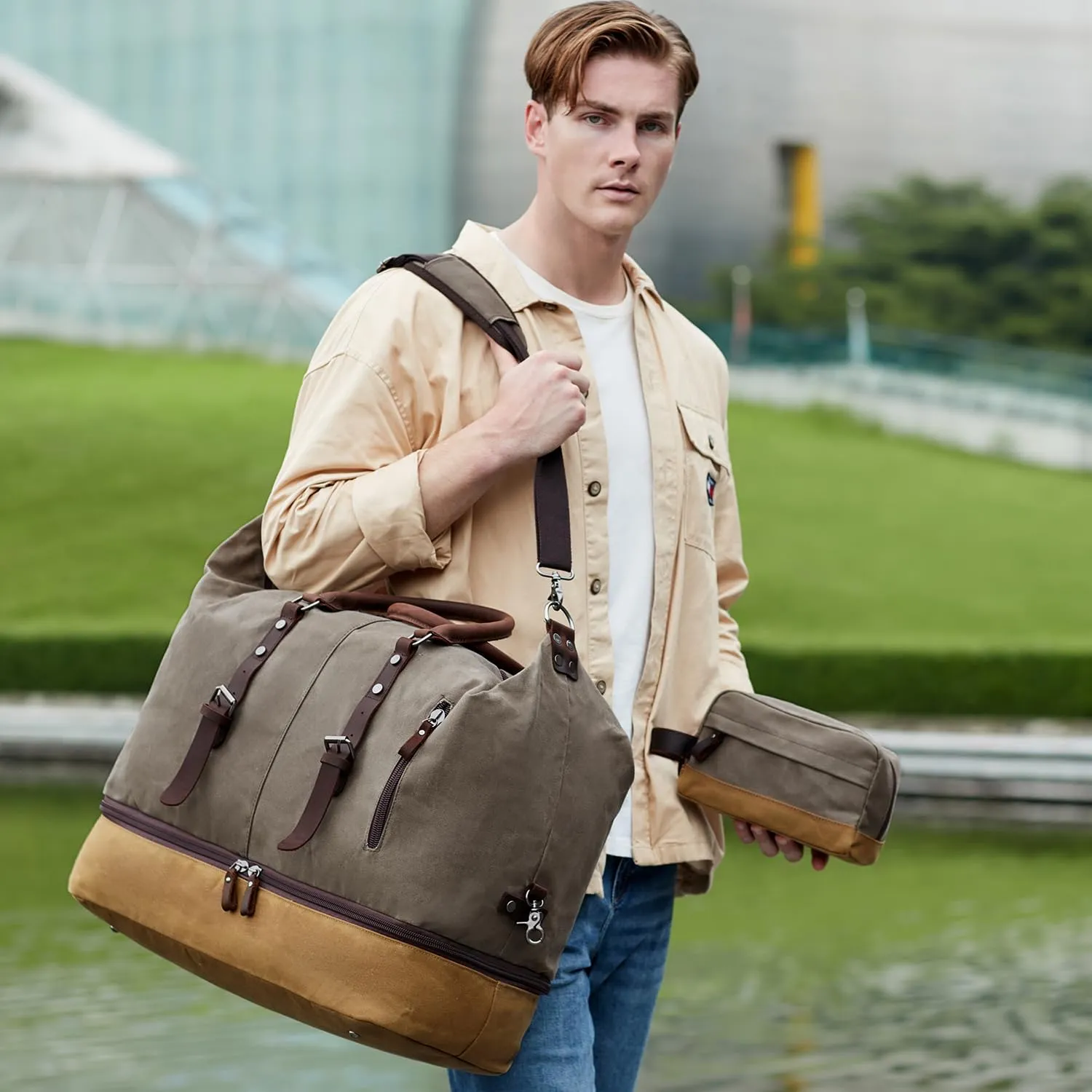 Green Waxed Canvas & Leather Duffel Bag, 20.8 x 9.8 x 14.9 inches, 45L, Separate Shoes Compartment, Wet Pocket, Zipper Closure, Web Handle, Perfect for Weekend Trips