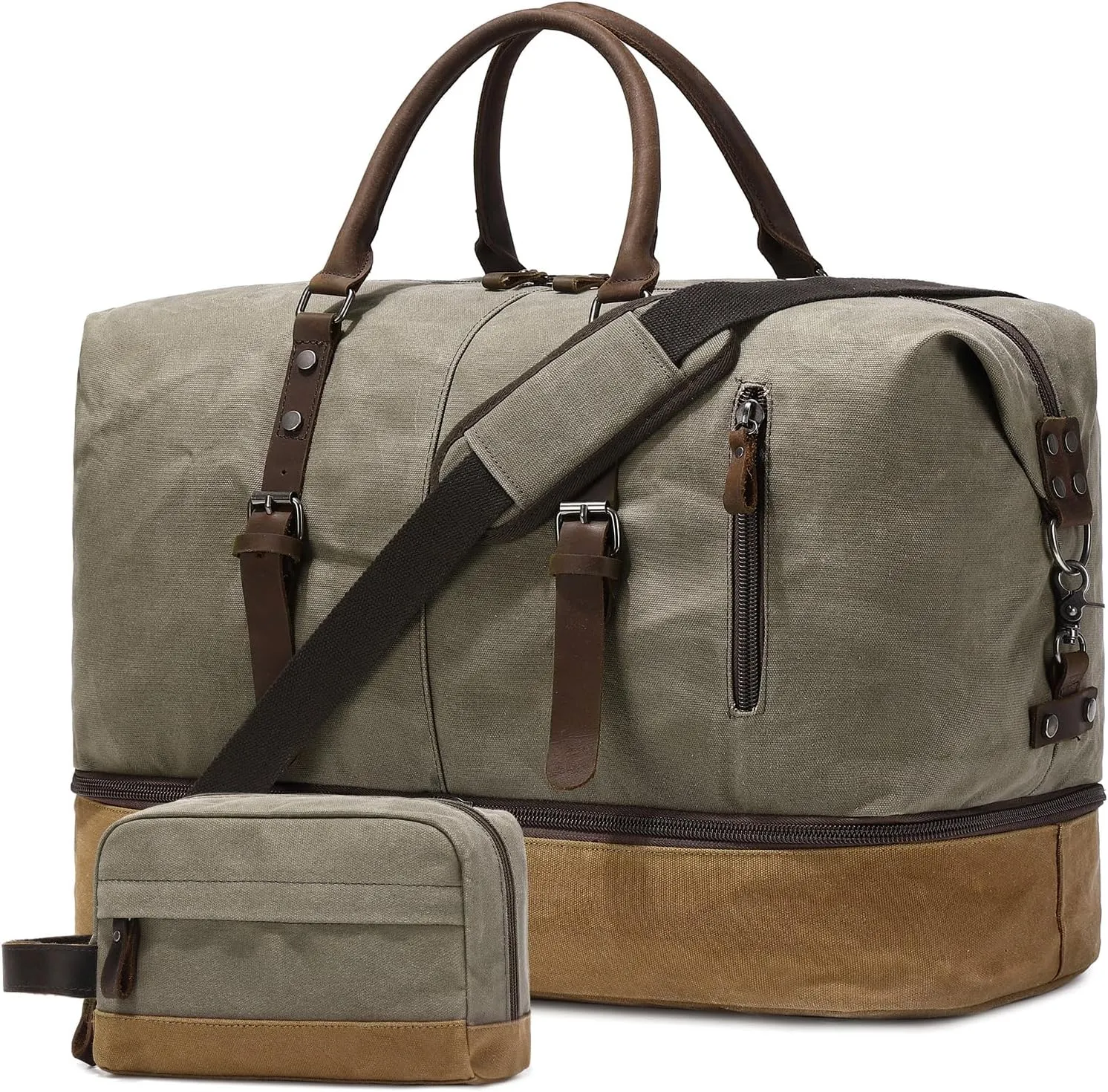 Green Waxed Canvas & Leather Duffel Bag, 20.8 x 9.8 x 14.9 inches, 45L, Separate Shoes Compartment, Wet Pocket, Zipper Closure, Web Handle, Perfect for Weekend Trips
