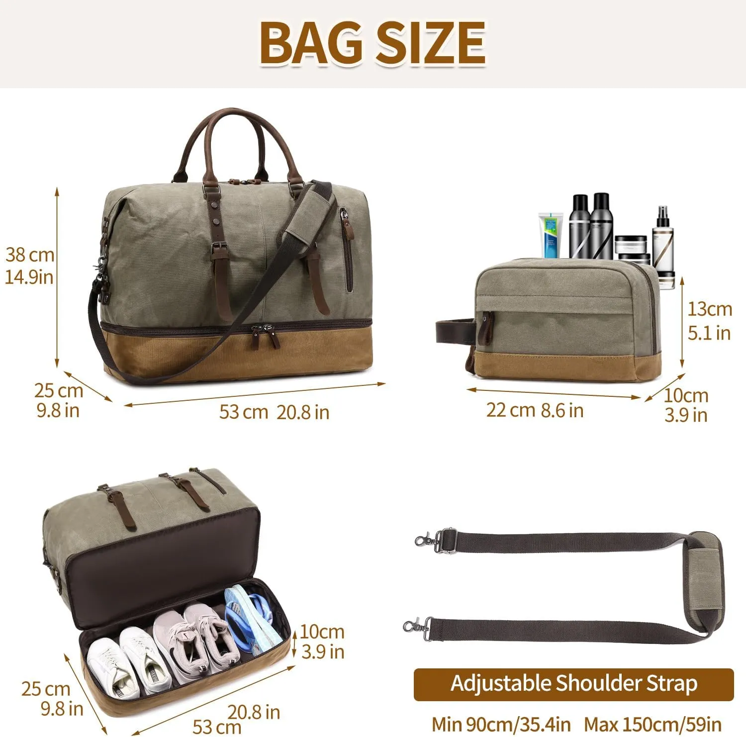 Green Waxed Canvas & Leather Duffel Bag, 20.8 x 9.8 x 14.9 inches, 45L, Separate Shoes Compartment, Wet Pocket, Zipper Closure, Web Handle, Perfect for Weekend Trips
