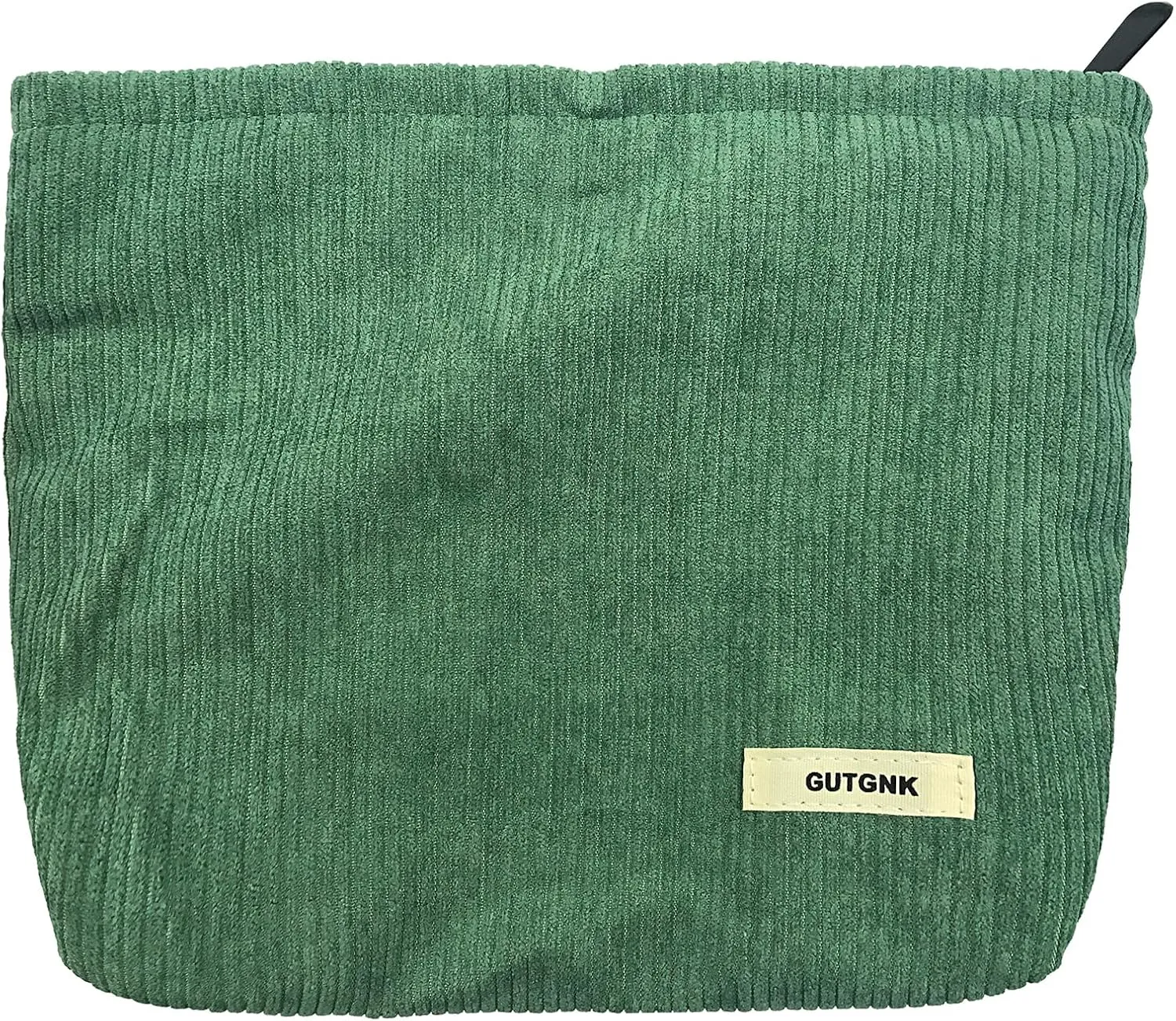 GUTGNK Corduroy Ladies Cosmetic Bag, Large Capacity Canvas Cosmetic Bag Travel Toiletry Bag Accessories Organizer, Grass Green