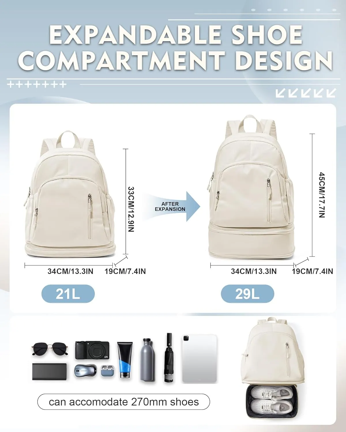 Gym Backpack for Women with Shoes Compartment, waterproof Sports Backpack with Dry Wet Separated Pocket, Cheer Sports Backpack Set, Gym Bags for Fitness Yoga Travel, Beige