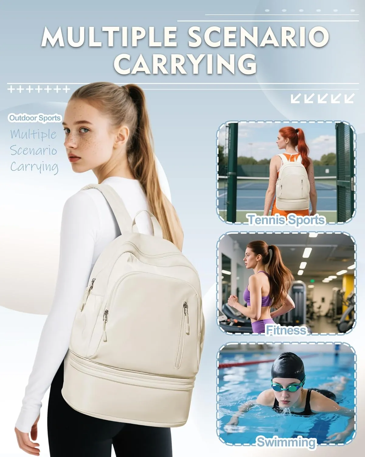 Gym Backpack for Women with Shoes Compartment, waterproof Sports Backpack with Dry Wet Separated Pocket, Cheer Sports Backpack Set, Gym Bags for Fitness Yoga Travel, Beige