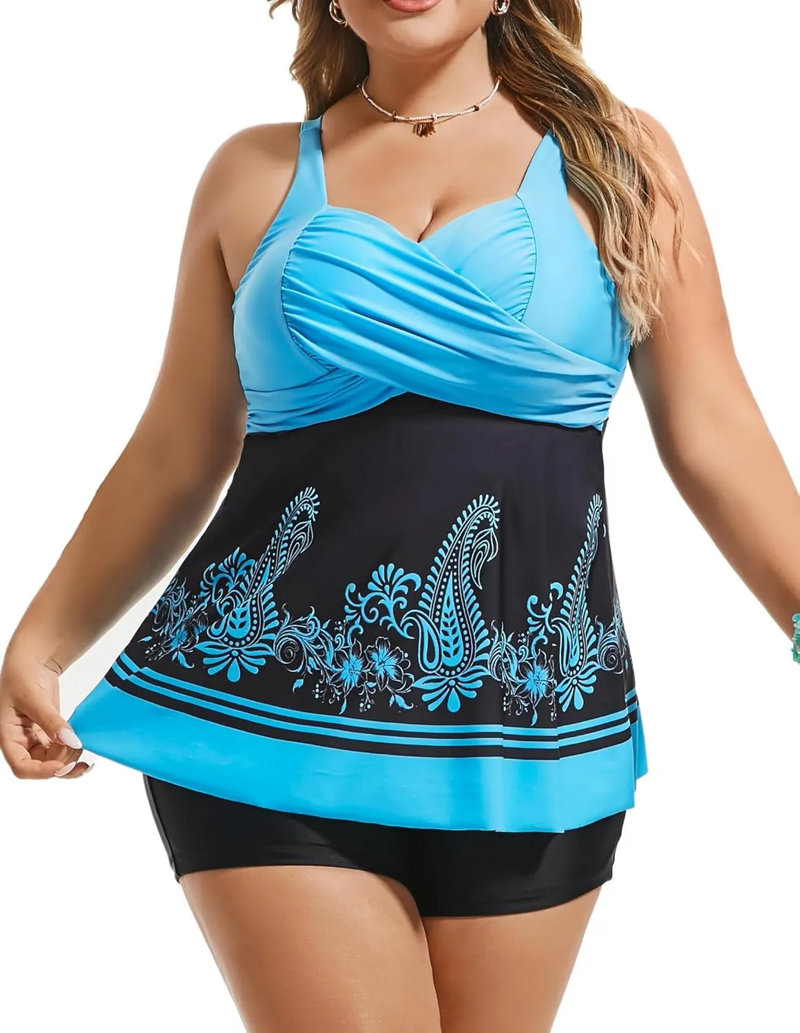 Hanna Nikole Women's Plus Size Tankini Swimsuits Twist Front Two Piece Bathing Suits with Shorts