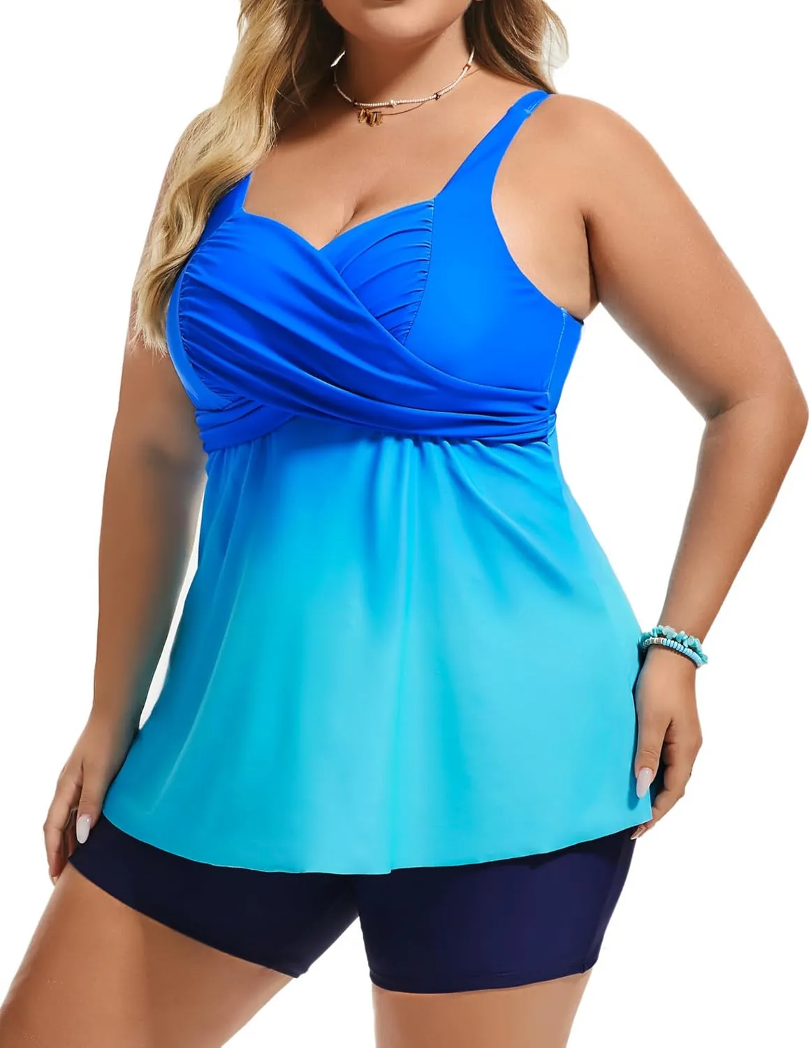 Hanna Nikole Women's Plus Size Tankini Swimsuits Twist Front Two Piece Bathing Suits with Shorts