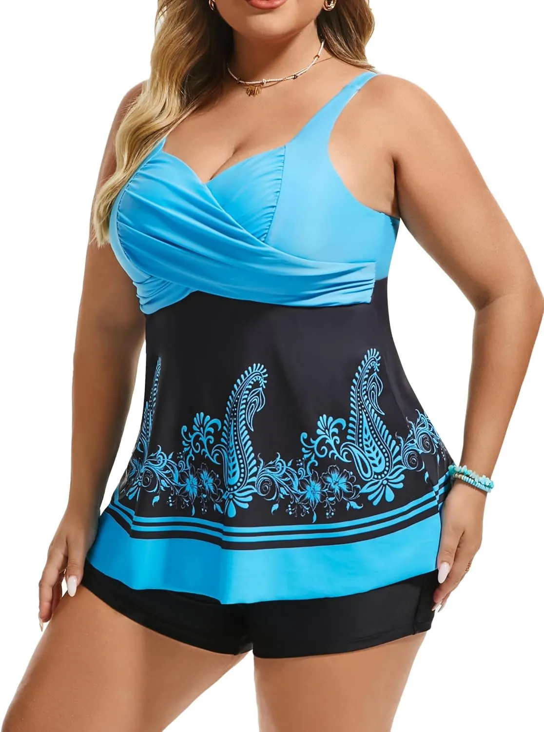 Hanna Nikole Women's Plus Size Tankini Swimsuits Twist Front Two Piece Bathing Suits with Shorts