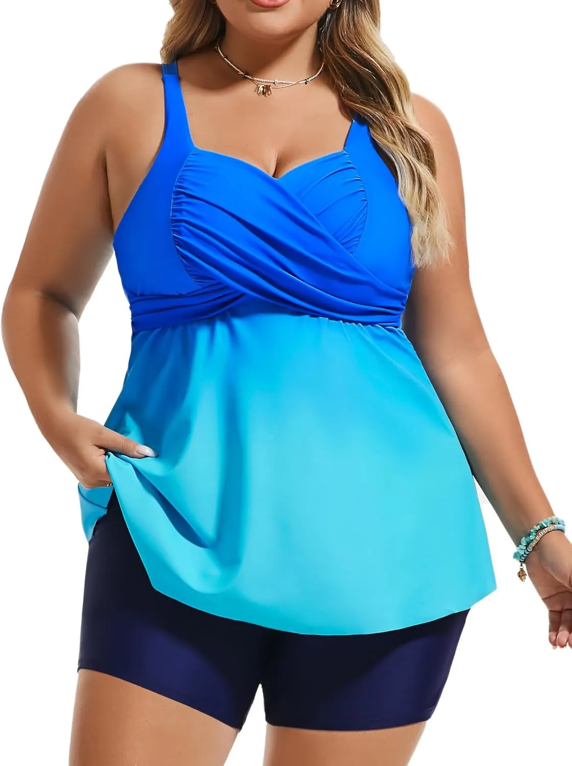 Hanna Nikole Women's Plus Size Tankini Swimsuits Twist Front Two Piece Bathing Suits with Shorts