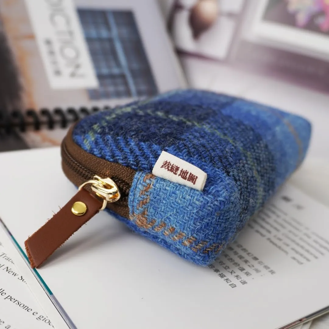 Harris Tweed Mini Travel Makeup Carrying Case Cosmetic Bag Portable Electronics Accessories Organizer Coin Purse (Blue Plaid)