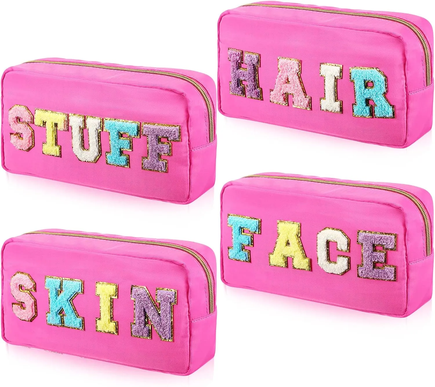 Hillban 4 Pack Chenille Letter Bag Makeup Bag Preppy Skincare Bag Nylon Cosmetic Pouch Zipper Waterproof Organizer Makeup Travel Bag Set for Teen Girls Women Travel Toiletry