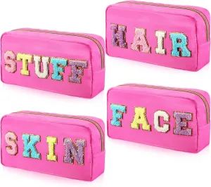 Hillban 4 Pack Chenille Letter Bag Makeup Bag Preppy Skincare Bag Nylon Cosmetic Pouch Zipper Waterproof Organizer Makeup Travel Bag Set for Teen Girls Women Travel Toiletry