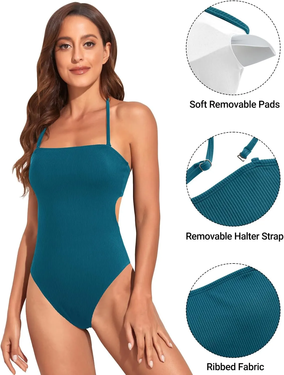 Holipick Ribbed Strapless Cheeky One Piece Swimsuit for Women Bandeau Bathing Suit Sexy Halter High Cut Swimwear