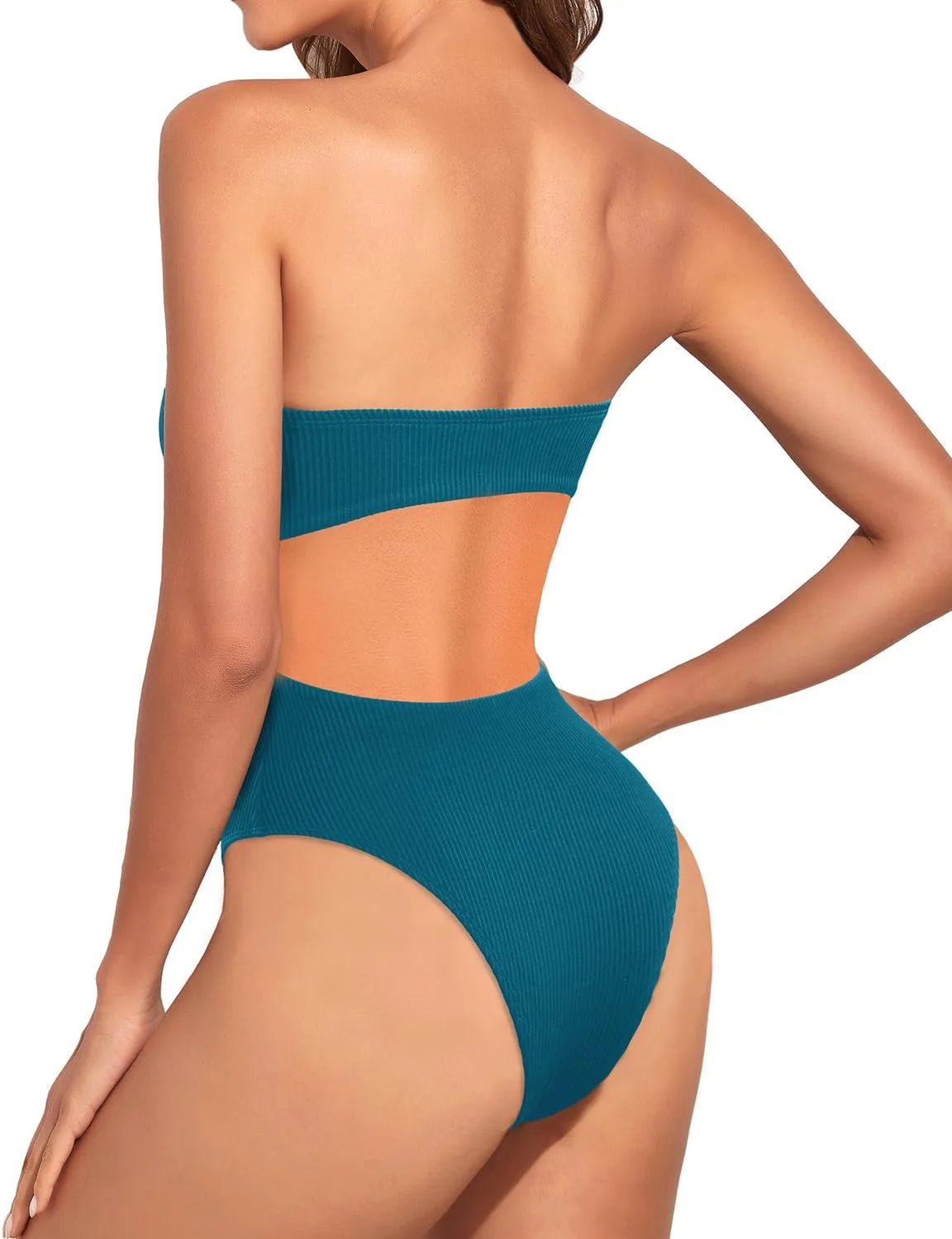 Holipick Ribbed Strapless Cheeky One Piece Swimsuit for Women Bandeau Bathing Suit Sexy Halter High Cut Swimwear
