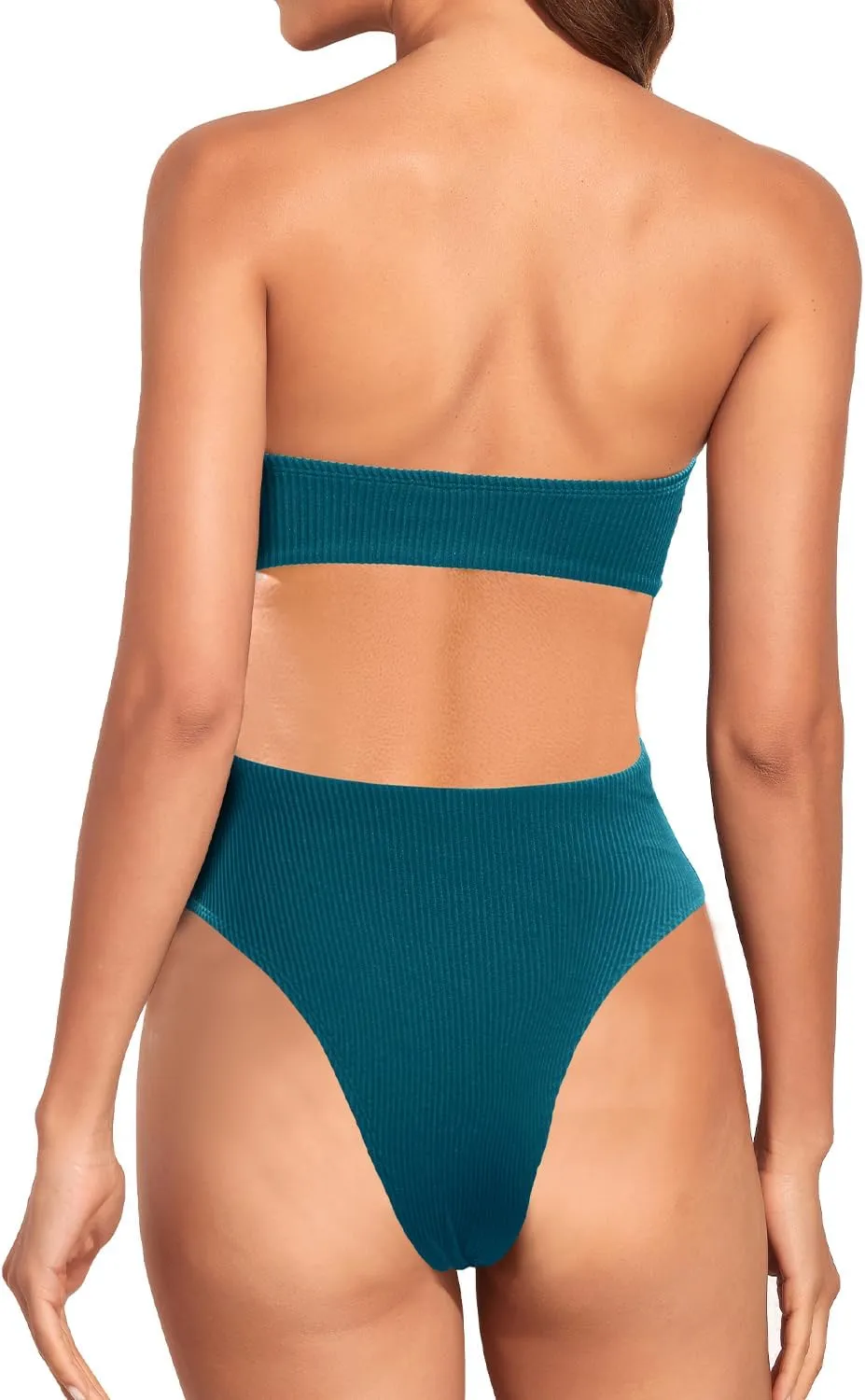 Holipick Ribbed Strapless Cheeky One Piece Swimsuit for Women Bandeau Bathing Suit Sexy Halter High Cut Swimwear