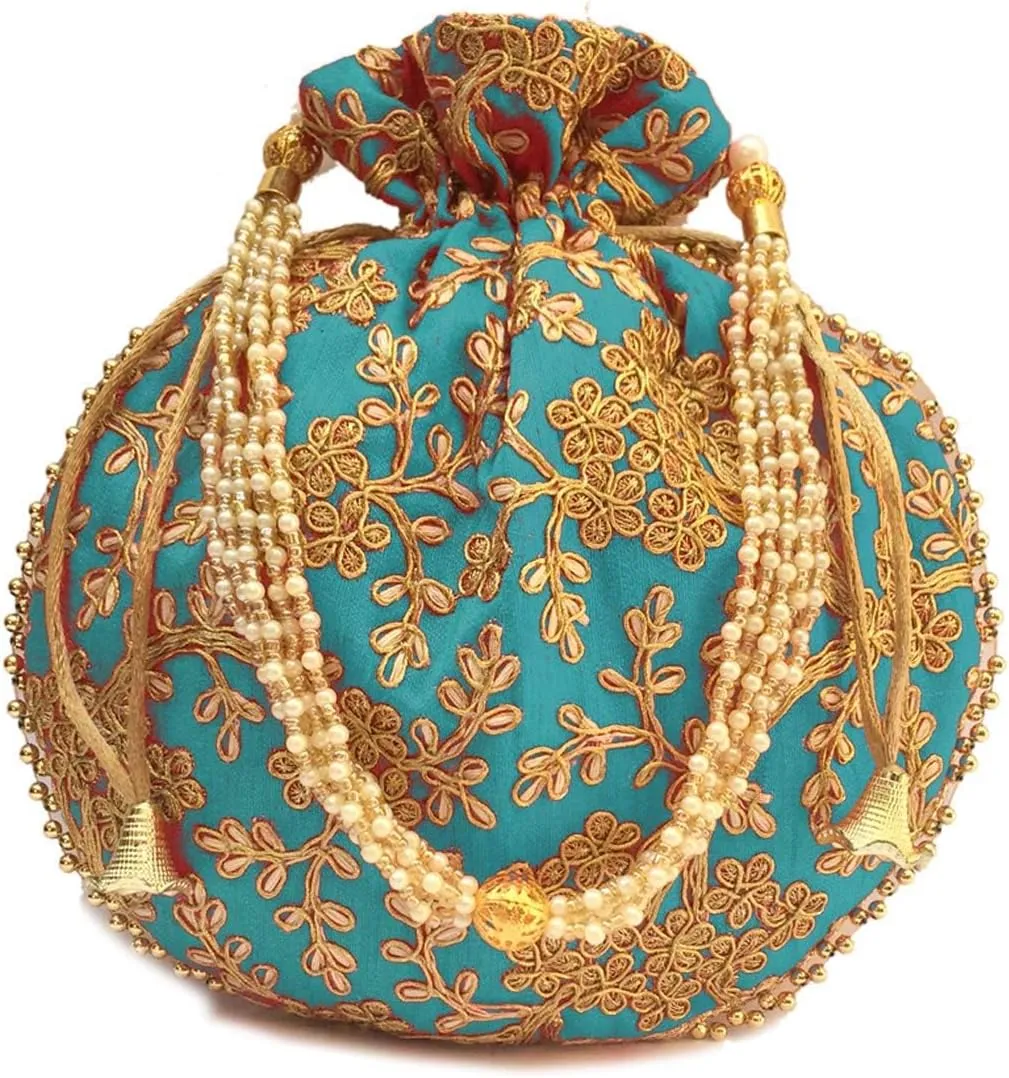 IGH Ethnic Potli Bag Ladies Handbag Batwa Pearls Handle Clutch Purse for Bridal Women